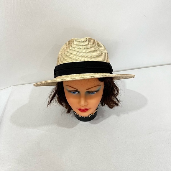 Sunhat Fedora Style Hat With Black Band Packable Tan Cream - Picture 5 of 9
